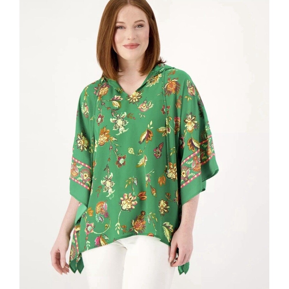 Belle by Kim Gravel Boho Brights Border Print Hooded Poncho QVC Size Small